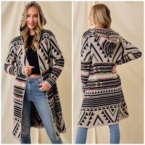 Oatmeal Multi Rainbow Aztec Jacquard Hooded Knit Open Cardigan Western Sweater